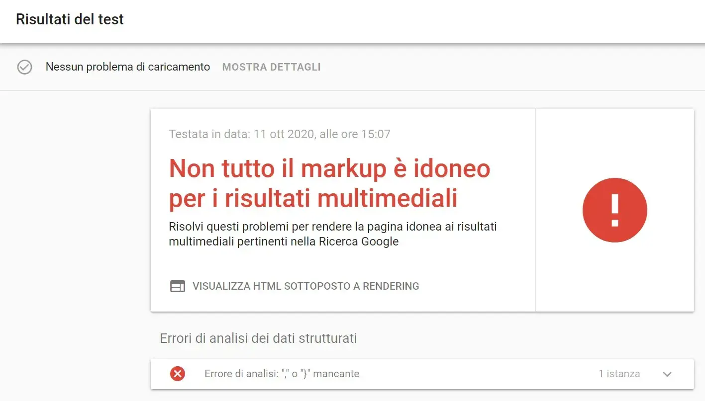 test dei dati strutturati non valido