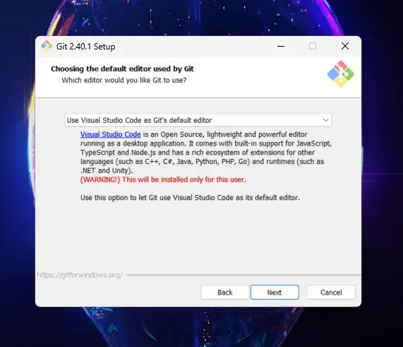scegliere editor default di git